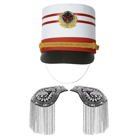 Doomiva Halloween Marching Band Costume Drum Major Hat with Tassel Epaulet Shoulder Boards Set for Carnival Parade Silver&Type A One Size
