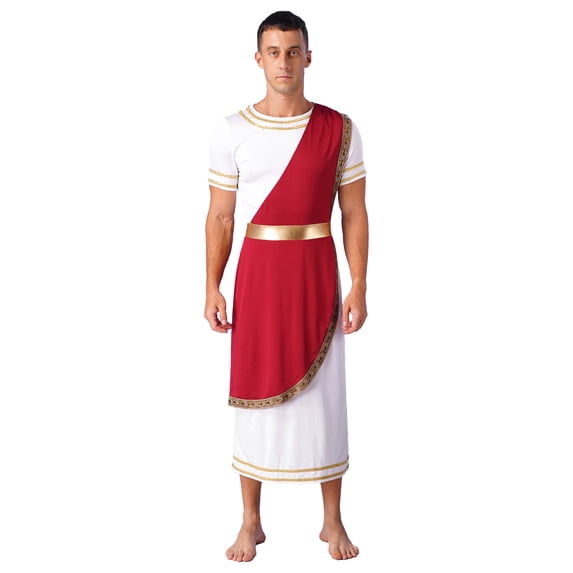 Doomiva Halloween Mens Ancient Greek Toga Short Sleeve Gold Roman Robe Caesar Party Masquerade Burgundy XXL
