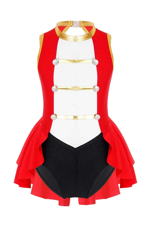 Halloween Ringmaster Showman Dance Dress for Girls Halter Tank Leotard Tail Skirts Red 8