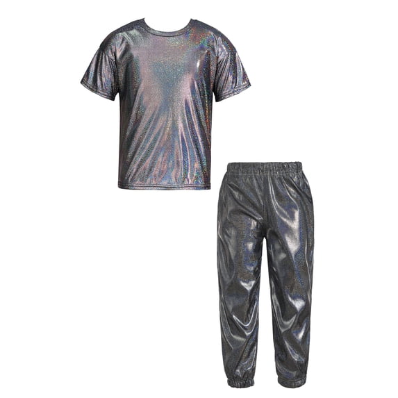 Doomiva Kids 2 Piece Jazz Hip-hop Dance Costume Shorts Sleeve Shiny Metallic T-shirt with Pant Set Black 14-15