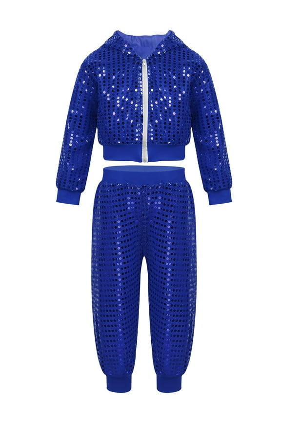 Kids Boy Girl Jazz Hip Hop Dance Costume Shiny Metallic Top and Pants Suit Dancewear Blue 3-4