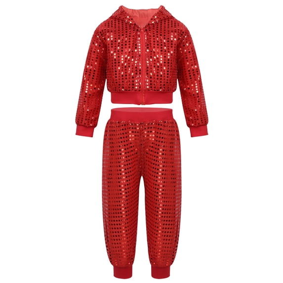 Doomiva Kids Boy Girl Jazz Hip Hop Dance Costume Shiny Metallic Top and Pants Suit Dancewear Red 12-14