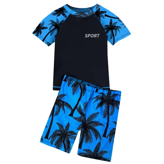 Doomiva Kids Boys 2 Pieces Rash Guard Sets Short Sleeve Swim Shirts with Boardshorts Hawaii Beach Bathing Suit Blue 12-14