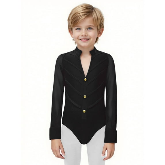 Doomiva Kids Boys Ballroom Latin Salsa Dance Shirt Romper Bodysuit Gymnastics Leotard Performance Outfits Dancewear Black 8