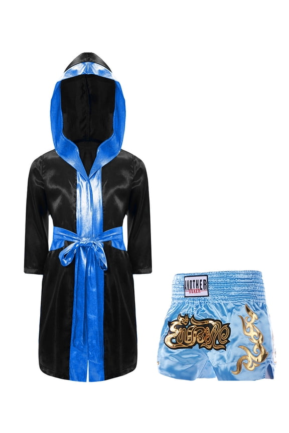 Kids Boys Boxing Uinforms Boxing Match Costume Boxer Fancy Dress Up Hooded Belt Cloak and Shorts Set Black&Light Blue 10