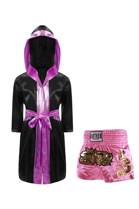 Kids Boys Boxing Uinforms Boxing Match Costume Boxer Fancy Dress Up Hooded Belt Cloak and Shorts Set Black&Pink 16