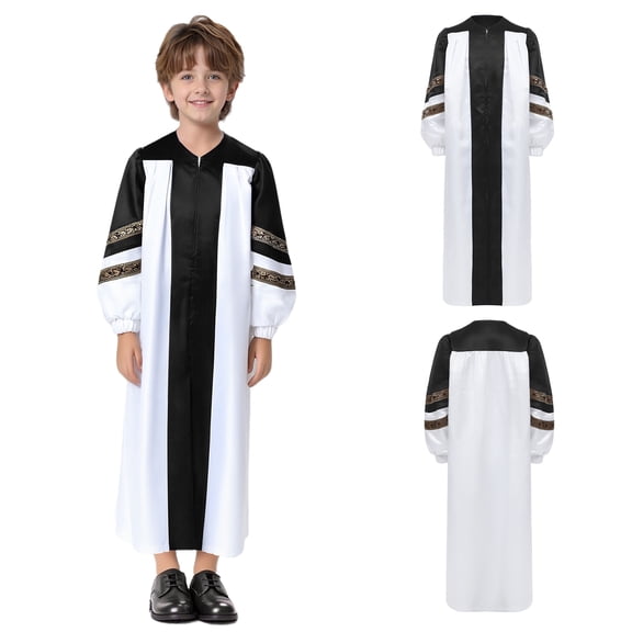 Doomiva Kids Boys Girls Choir Robe Embroidered Stripe Long Sleeve Color Block Hallo ween Cos play Party Clergy Gown Black 10