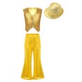 thumbnail image 1 of Doomiva Kids Boys Girls Latin Jazz Modern Dance Outfits Sleeveless Sparkly Vest Waistcoat with Flared Pants Hat Set Gold 7-8, 1 of 5