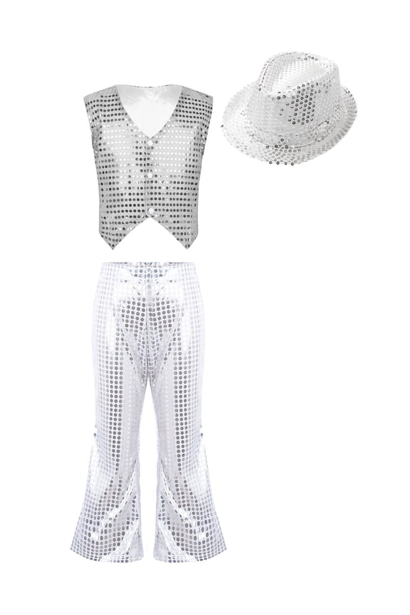 Kids Boys Girls Latin Jazz Modern Dance Outfits Sleeveless Sparkly Vest Waistcoat with Flared Pants Hat Set Silver 11-12