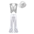 thumbnail image 1 of Doomiva Kids Boys Girls Latin Jazz Modern Dance Outfits Sleeveless Sparkly Vest Waistcoat with Flared Pants Hat Set Silver 15-16, 1 of 5