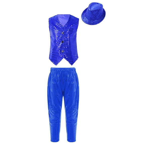 Doomiva Kids Boys Girls Sequin Performance Costume Vest Waistcoat Jazz Hip Hop Modern Dance Jacket with Pants Hat Royal Blue 13-14
