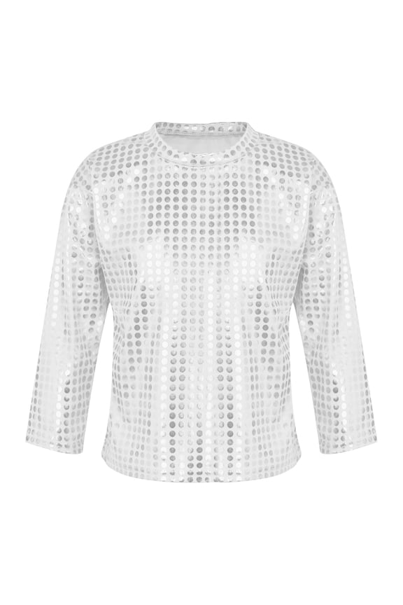 Kids Boys Girls Shiny Dance Top Athletic T-shirt for Ballet Jazz Hip Hop Performance Disco Silver 100