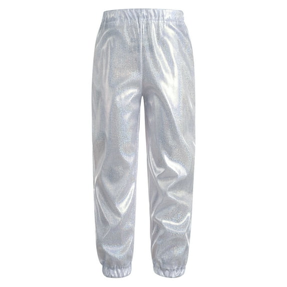 Doomiva Kids Boys Girls Shiny Metallic Harem Pants Jazz Hip Hop Street Dance Trousers Silver 15-16