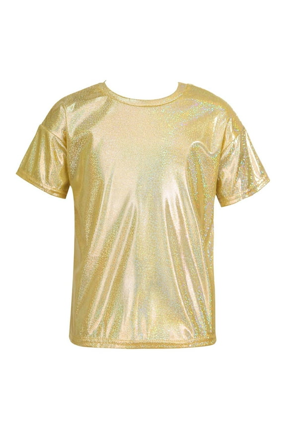 Kids Boys Girls Shiny Metallic T-Shirt Short Sleeve Jazz Dance Top Performance Costume Gold 9-10