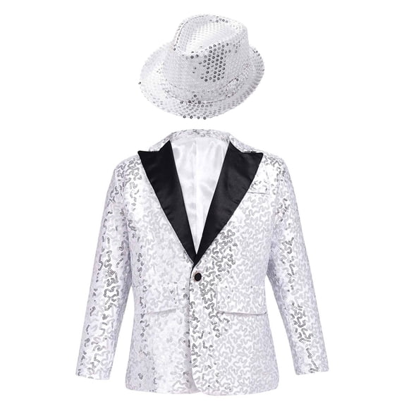 Doomiva Kids Boys Lapel Collar Blazer Jacket Coat Tuxedo Formal Wedding Party Costume with Hat Silver 16