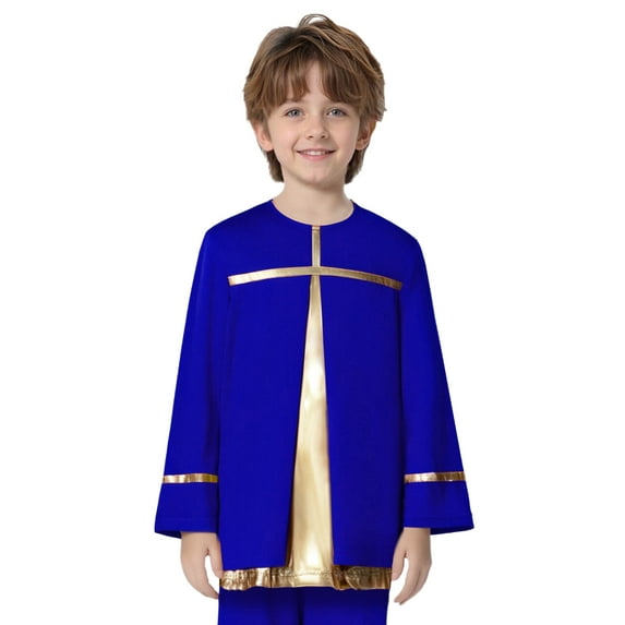 Doomiva Kids Boys Liturgical Worship Praise Dance Top Metallic Color Block Long Sleeve Pullover Shirts Dancewear Blue 6