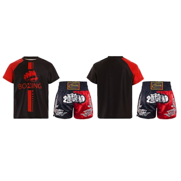Doomiva Kids Boys Mixed Martial Arts MMA Boxer Costume Short Sleeve Boxing T-shirt Sports Tops with Shorts Tracksuit Black&Red 6