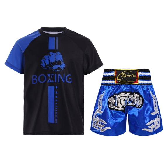 Doomiva Kids Boys Mixed Martial Arts MMA Boxer Costume Short Sleeve Boxing T-shirt Sports Tops with Shorts Tracksuit Blue 6