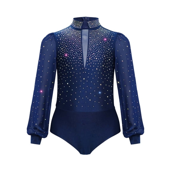Doomiva Kids Boys Shiny Latin Tango Ballroom Dance Leotard Top Long Sleeve Bodysuit Gymnastics Modern Dancewear Navy Blue 8