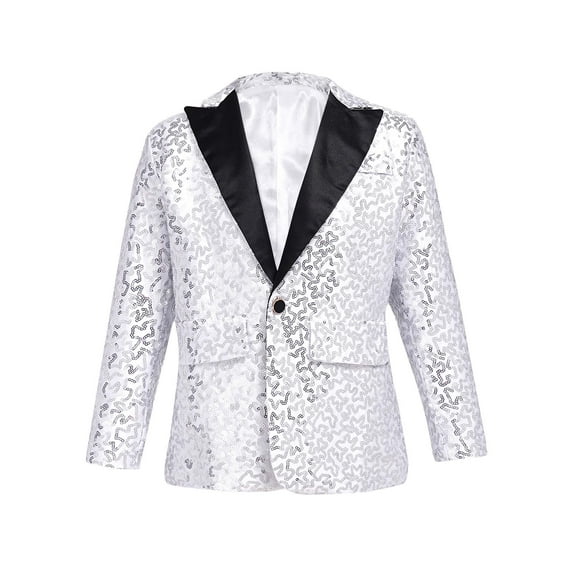Doomiva Kids Boys Shiny Sequin Blazers Long Sleeve Party Glitter Suit Jacket Lapel Coat Outerwear Silver 10