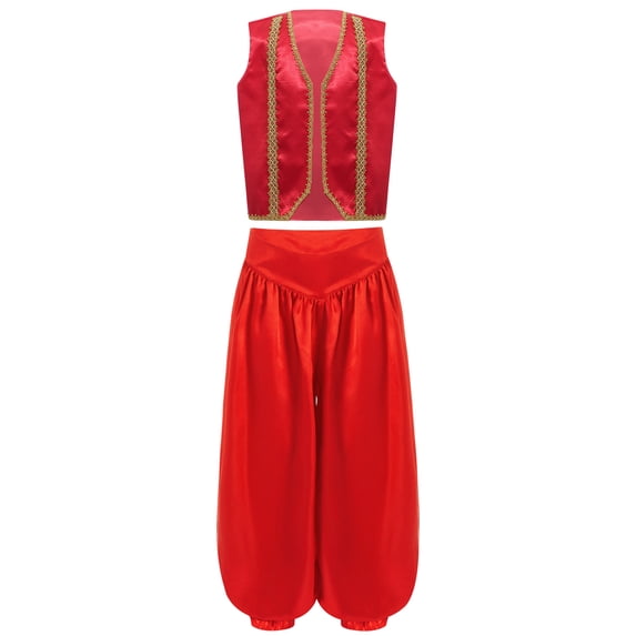 Doomiva Kids Boys Toad Costume Arabian Prince Outfits 2-Piece Satiny Vest And Bloomer Pants Set Burgundy 12