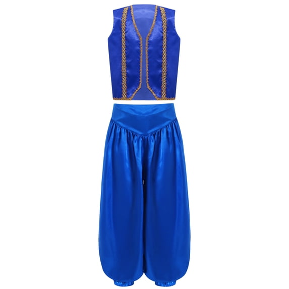 Doomiva Kids Boys Toad Costume Arabian Prince Outfits 2-Piece Satiny Vest And Bloomer Pants Set Royal Blue 8