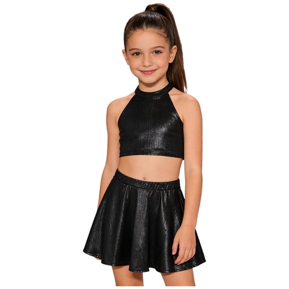 Doomiva Kids Cheer Outfit Hip Hop Dance Sets Shiny Skirt And Top Set for Cheerleading Competitions Performance Black 2-6