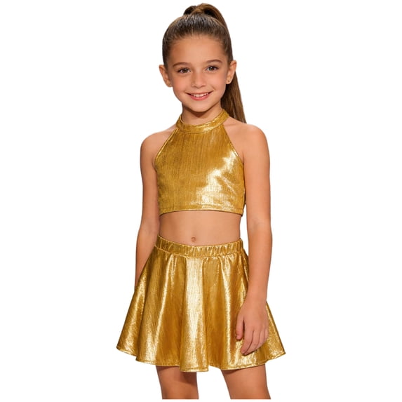 Doomiva Kids Cheer Outfit Hip Hop Dance Sets Shiny Skirt And Top Set for Cheerleading Competitions Performance Gold 6-10