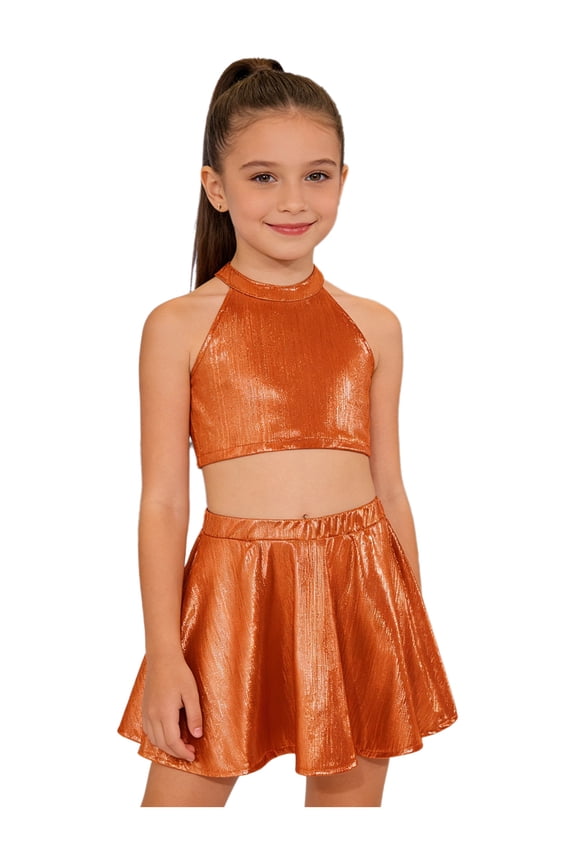 Kids Cheer Outfit Hip Hop Dance Sets Shiny Skirt And Top Set for Cheerleading Competitions Performance Orange 6-10