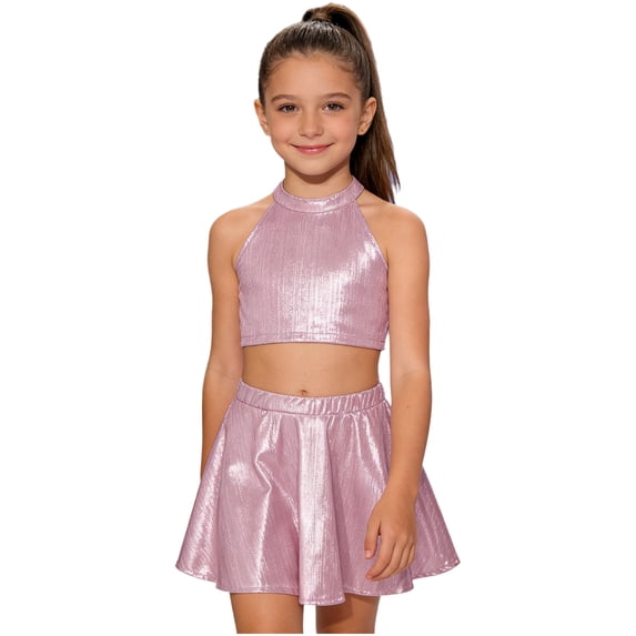 Doomiva Kids Cheer Outfit Hip Hop Dance Sets Shiny Skirt And Top Set for Cheerleading Competitions Performance Pink 6-10