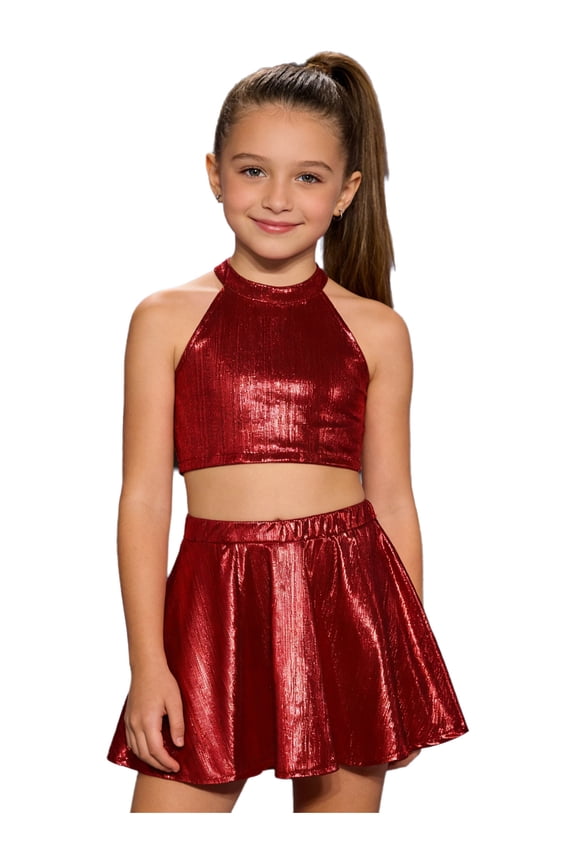 Kids Cheer Outfit Hip Hop Dance Sets Shiny Skirt And Top Set for Cheerleading Competitions Performance Red 6-10