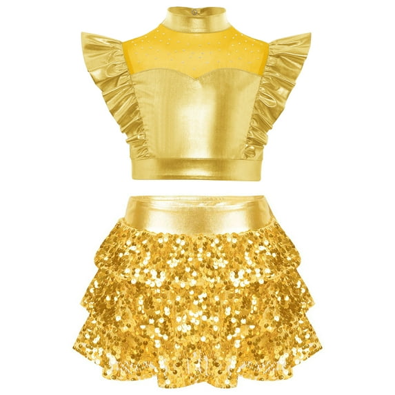Doomiva Kids Girl's 2 Pcs Hip Hop Jazz Dance Outfits Sequin Metallic Crop Tops and Culottes Skirts Set Ballet Dancewear Gold 16