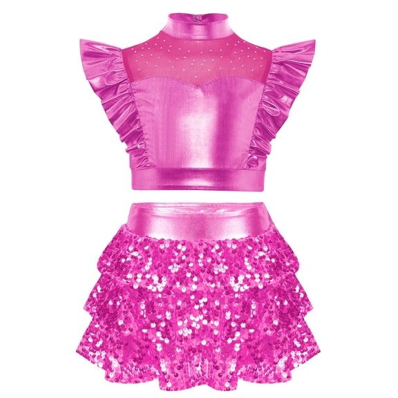 Doomiva Kids Girl's 2 Pcs Hip Hop Jazz Dance Outfits Sequin Metallic Crop Tops and Culottes Skirts Set Ballet Dancewear Hot Pink 6