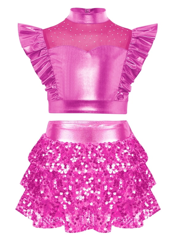 Kids Girl's 2 Pcs Hip Hop Jazz Dance Outfits Sequin Metallic Crop Tops and Culottes Skirts Set Ballet Dancewear Hot Pink 6