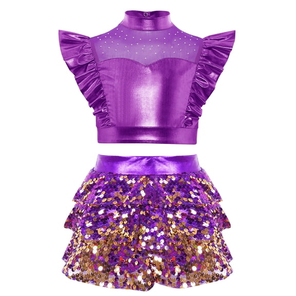 Doomiva Kids Girl's 2 Pcs Hip Hop Jazz Dance Outfits Sequin Metallic Crop Tops and Culottes Skirts Set Ballet Dancewear Purple 8