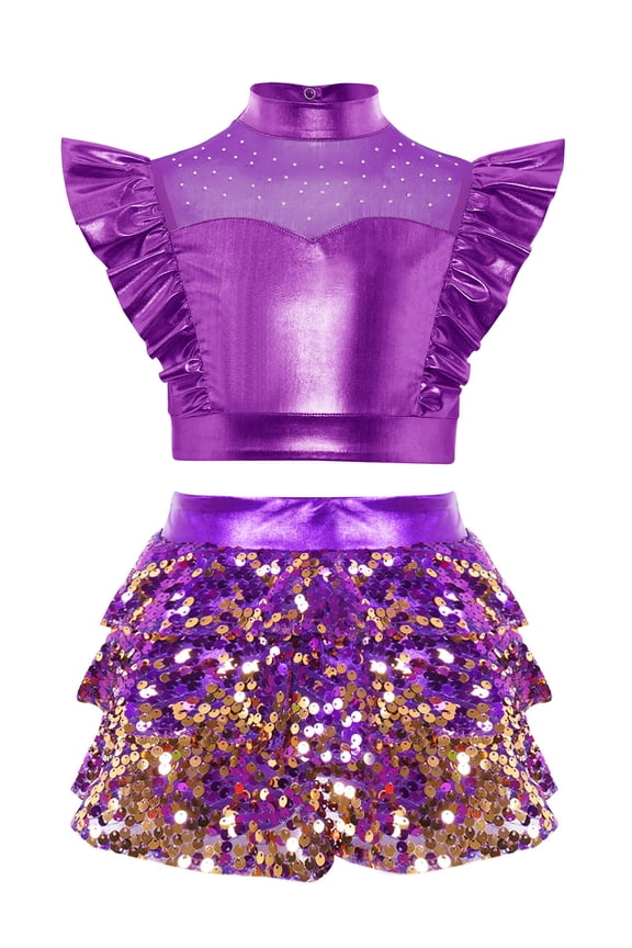 Kids Girl's 2 Pcs Hip Hop Jazz Dance Outfits Sequin Metallic Crop Tops and Culottes Skirts Set Ballet Dancewear Purple 8