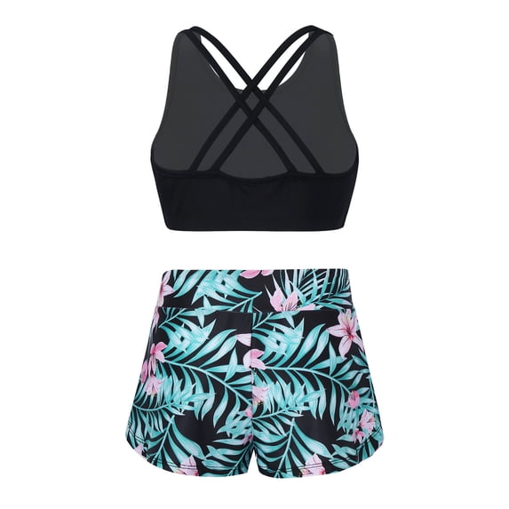 Doomiva Kids Girls 2 Pcs Active Sets Swim Dance Sports Outfit Crisscross Crop Top with Booty Shorts Athletic Swimsuit Gymnastics Bodysuit A-Black&Green 16