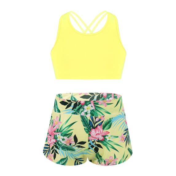 Doomiva Kids Girls 2 Pcs Active Sets Swim Dance Sports Outfit Crisscross Crop Top with Booty Shorts Athletic Swimsuit Gymnastics Bodysuit Lemon Yellow 10
