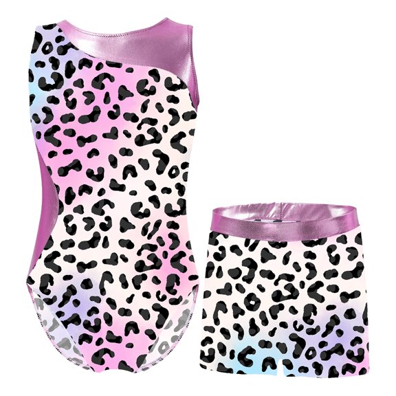 Doomiva Kids Girls 2 Pcs Gymnastics Dance Sports Outfit One Piece Sleeveless Leotard with Shorts Gym Activewear Leopard Colorful 12