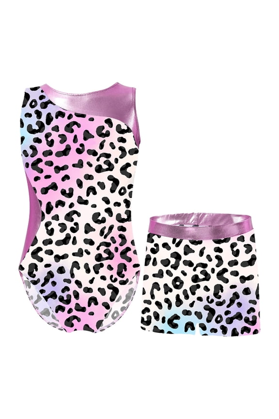 Kids Girls 2 Pcs Gymnastics Dance Sports Outfit One Piece Sleeveless Leotard with Shorts Gym Activewear Leopard Colorful 12