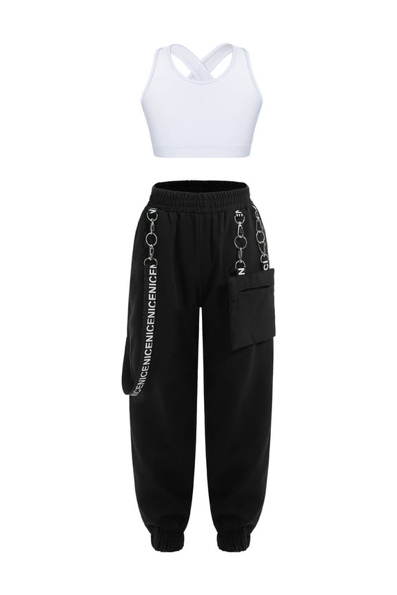 Kids Girls 2 Piece Dance Clothing Set Sleeveless U Neck Criss Cross Back Crop Top with White 16