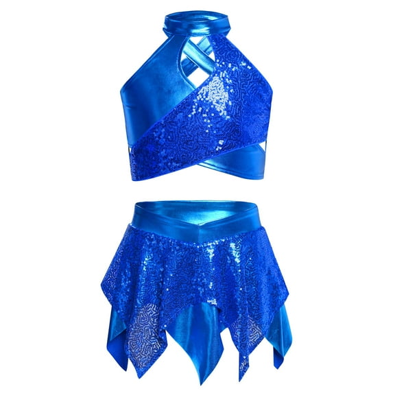 Doomiva Kids Girls 2 Piece Dance Outfits Sparkly Sequins Crop Top with Mini Skirt Jazz Latin Ballroom Dancewear Blue 16