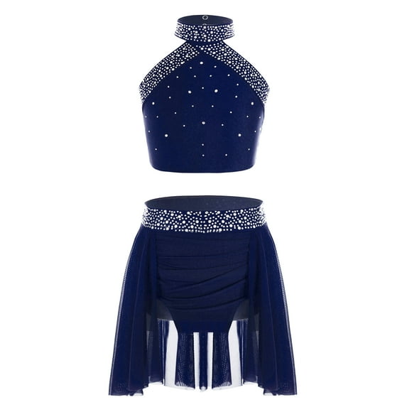 Doomiva Kids Girls 2 Piece Lyrical Latin Jazz Dance Outfit Sparkly Rhinestone Crop Top with Irregular Hem Skirts Set Navy Blue 16