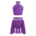 thumbnail image 1 of Doomiva Kids Girls 2 Piece Lyrical Latin Jazz Dance Outfit Sparkly Rhinestone Crop Top with Irregular Hem Skirts Set Purple 14, 1 of 5