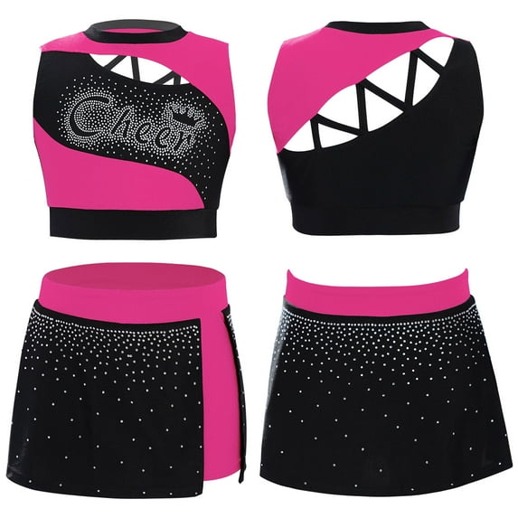Doomiva Kids Girls 2 Piece School Cheerleading Uniform Outfit Shiny Sleeveless Crop Top with Skirt Set Cheer Fancy Dress Hot Pink 16
