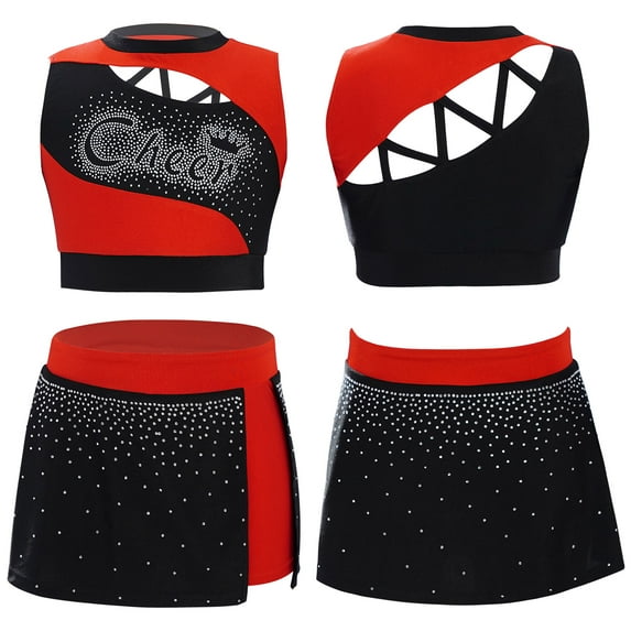 Doomiva Kids Girls 2 Piece School Cheerleading Uniform Outfit Shiny Sleeveless Crop Top with Skirt Set Cheer Fancy Dress Red 8
