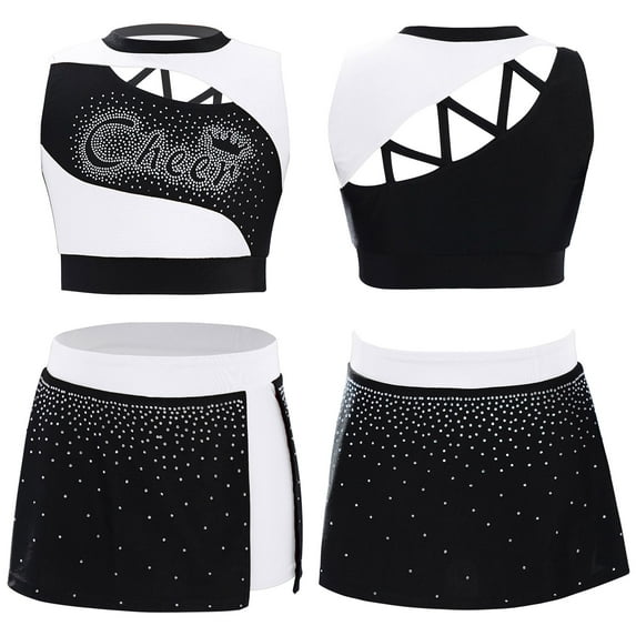 Doomiva Kids Girls 2 Piece School Cheerleading Uniform Outfit Shiny Sleeveless Crop Top with Skirt Set Cheer Fancy Dress White 6