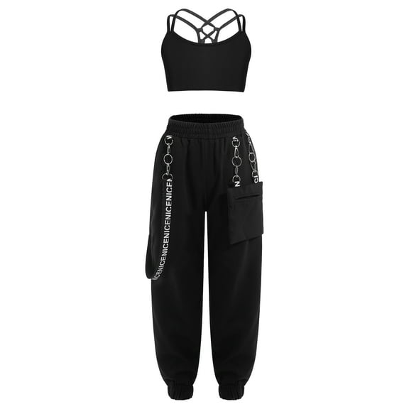 Doomiva Kids Girls 2 Pieces Dance Camisole Crop Tank Top and Pants Set Modern Jazz Street Dance Black 8