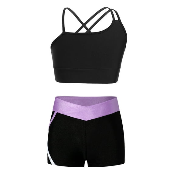 Doomiva Kids Girls 2 Pieces Dance Outfits Camisole Crop Tank Tops and Booty Shorts Set for Ballet Lavender 12