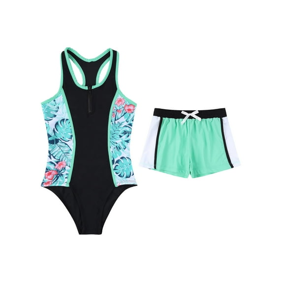 Doomiva Kids Girls 2-Pieces Tankini Racer Zip Up Swim Leotard Top with Shorts Sporty Rashguard Sets Beach Swimsuit Tropical Palm 12